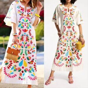 Frances Valentine inen Blend Long Caftan Dress Bird is The Word Sz Xlarge